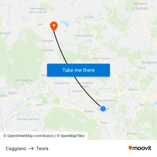 Caggiano to Teora map