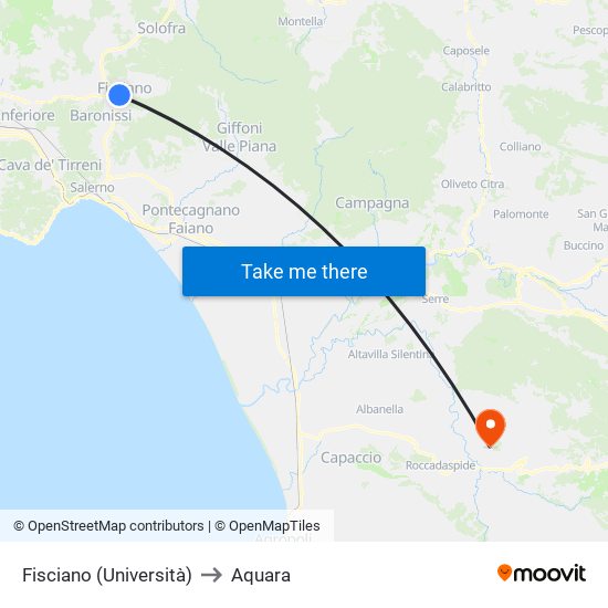 Fisciano (Università) to Aquara map