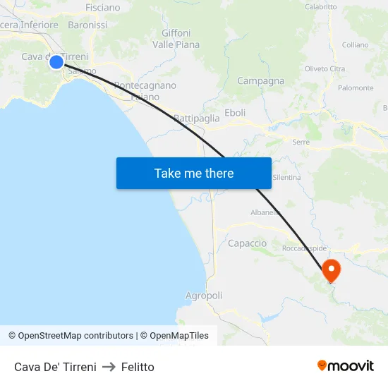 Cava De' Tirreni to Felitto map