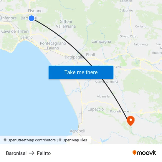 Baronissi to Felitto map