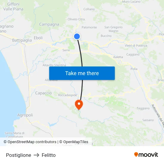 Postiglione to Felitto map