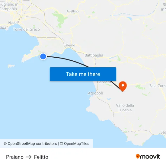 Praiano to Felitto map