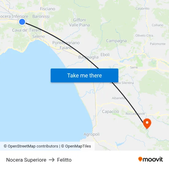 Nocera Superiore to Felitto map