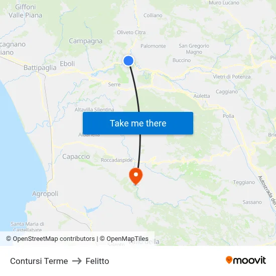 Contursi Terme to Felitto map