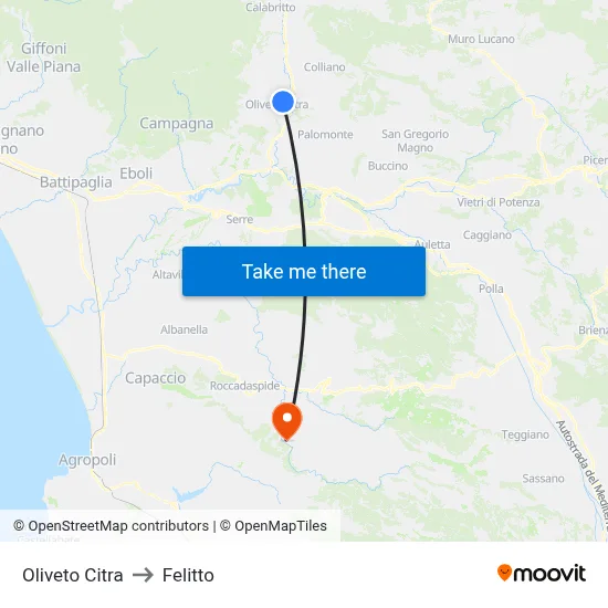 Oliveto Citra to Felitto map