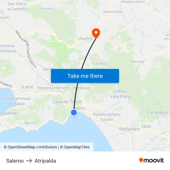 Salerno to Atripalda map