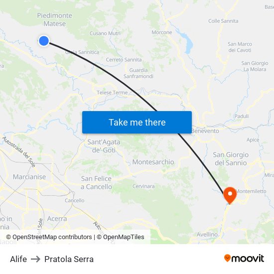 Alife to Pratola Serra map