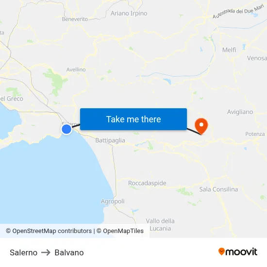 Salerno to Balvano map