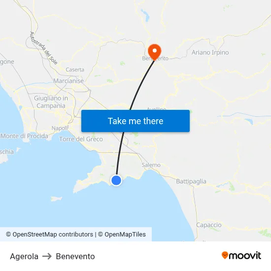 Agerola to Benevento map