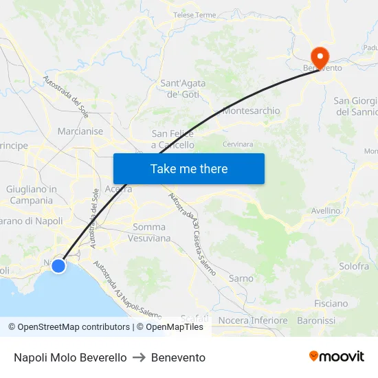 Napoli Molo Beverello to Benevento map
