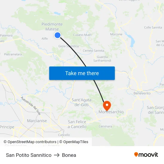 San Potito Sannitico to Bonea map
