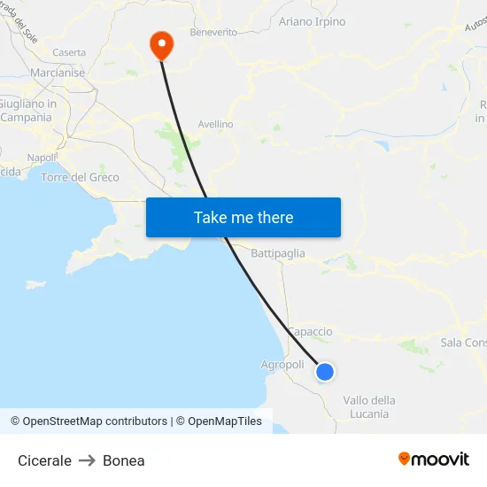 Cicerale to Bonea map