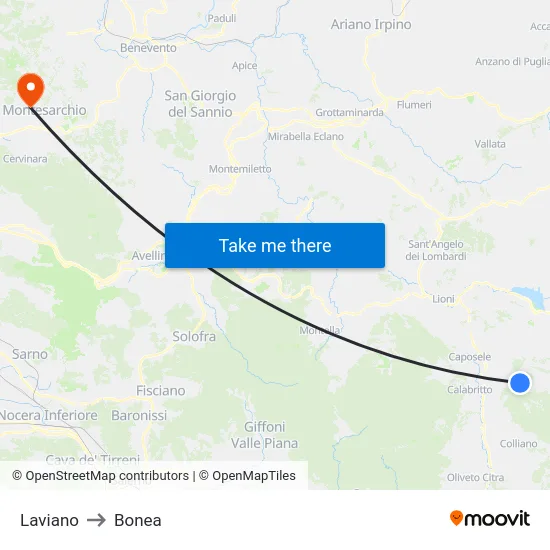 Laviano to Bonea map