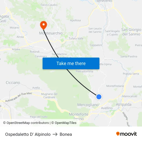 Ospedaletto D' Alpinolo to Bonea map
