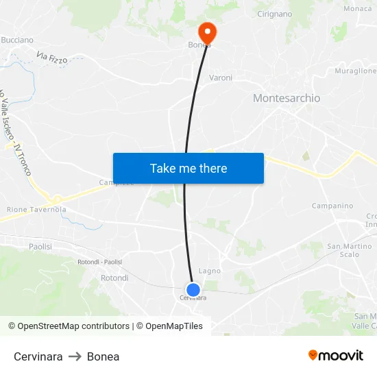 Cervinara to Bonea map