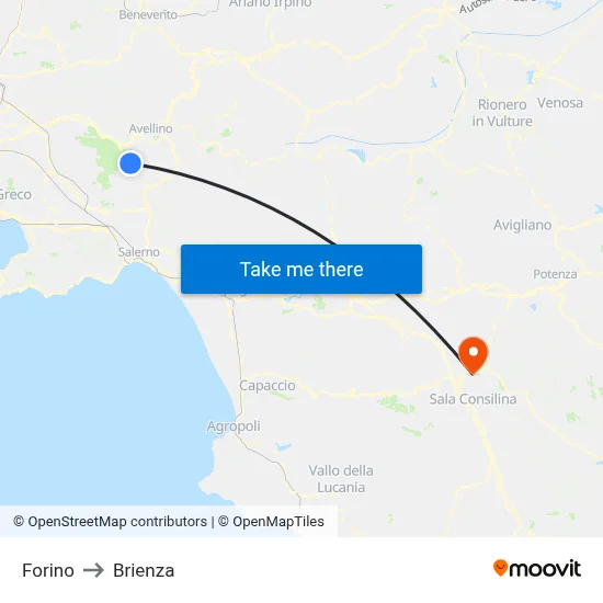 Forino to Brienza map