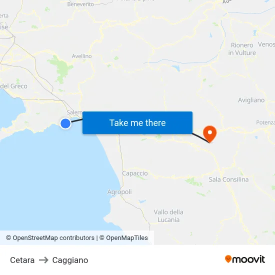 Cetara to Caggiano map