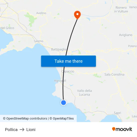 Pollica to Lioni map