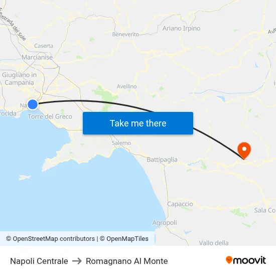 Napoli Centrale to Romagnano Al Monte map