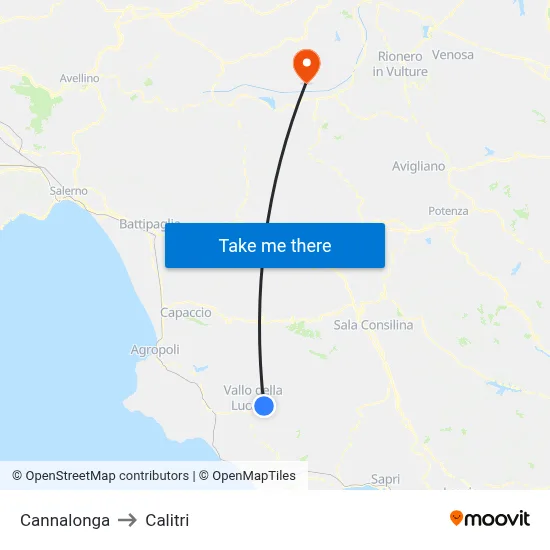 Cannalonga to Calitri map