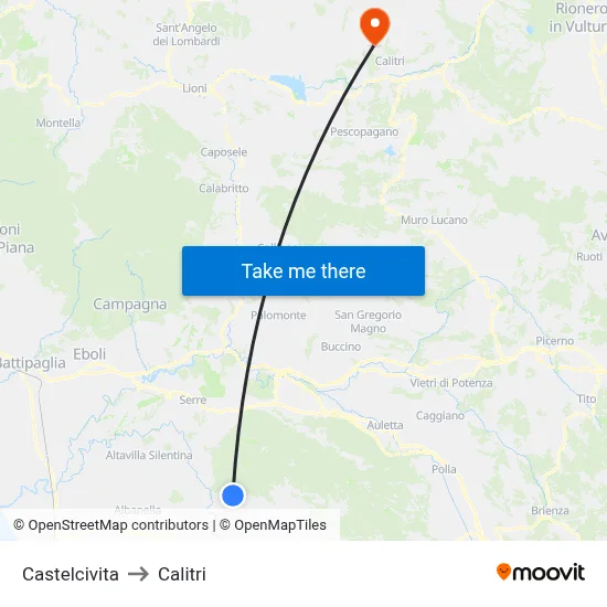Castelcivita to Calitri map