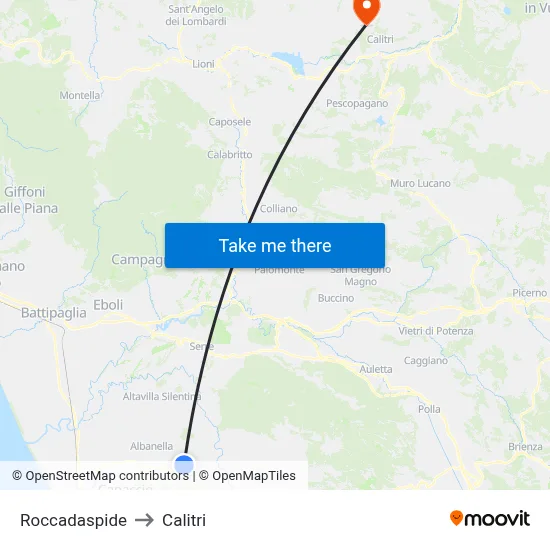 Roccadaspide to Calitri map