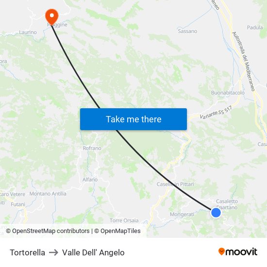 Tortorella to Valle Dell' Angelo map