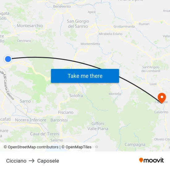 Cicciano to Caposele map