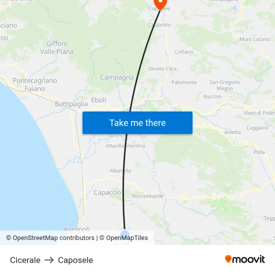 Cicerale to Caposele map