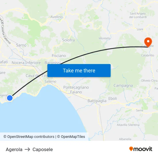 Agerola to Caposele map