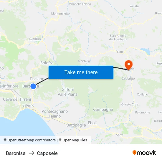 Baronissi to Caposele map