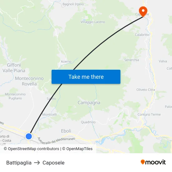 Battipaglia to Caposele map