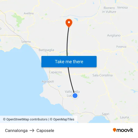 Cannalonga to Caposele map