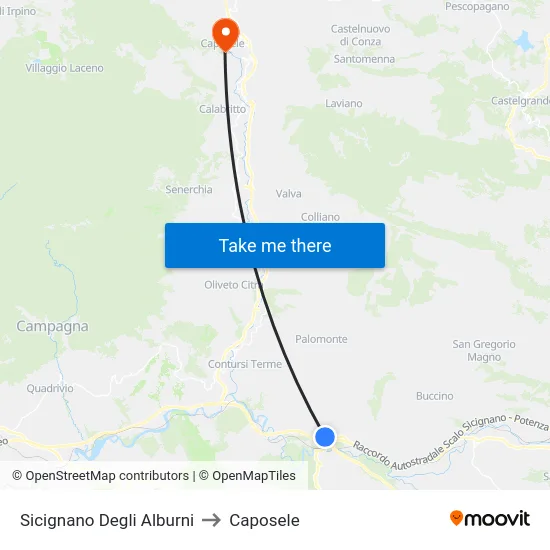 Sicignano Degli Alburni to Caposele map