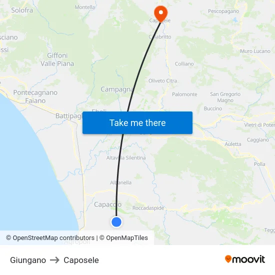 Giungano to Caposele map