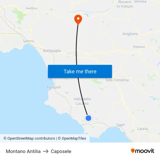 Montano Antilia to Caposele map