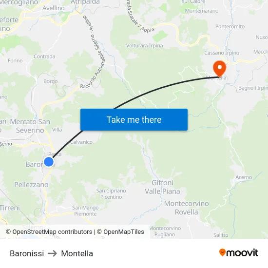 Baronissi to Montella map