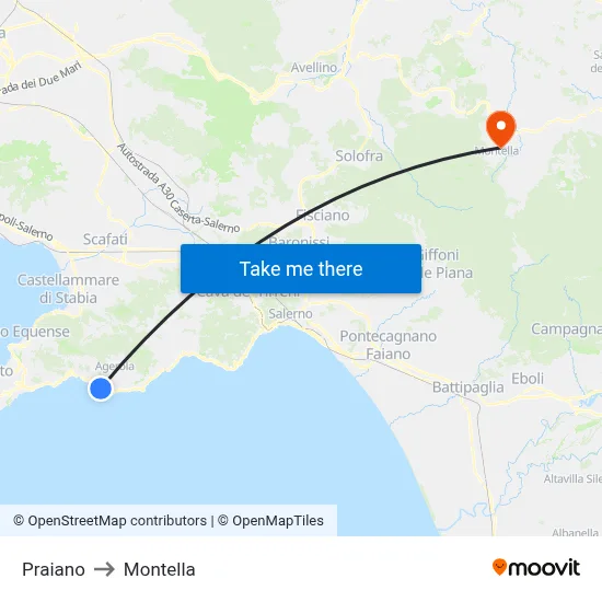 Praiano to Montella map