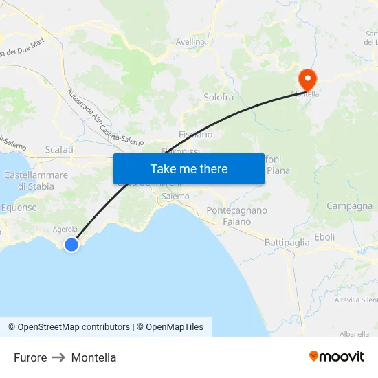 Furore to Montella map