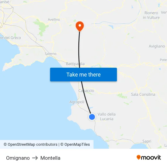 Omignano to Montella map