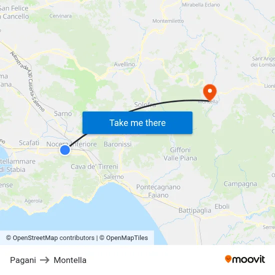 Pagani to Montella map