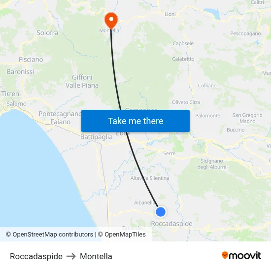 Roccadaspide to Montella map