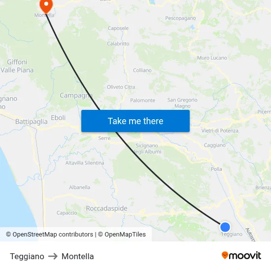 Teggiano to Montella map
