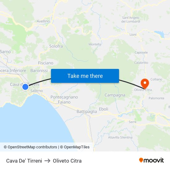 Cava De' Tirreni to Oliveto Citra map