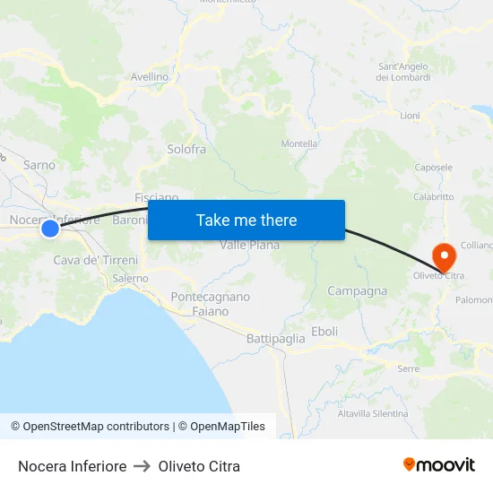 Nocera Inferiore to Oliveto Citra map