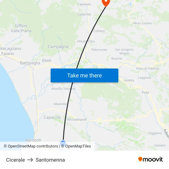 Cicerale to Santomenna map