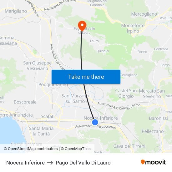 Nocera Inferiore to Pago Del Vallo Di Lauro map