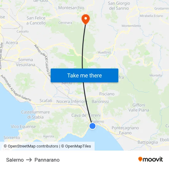 Salerno to Pannarano map