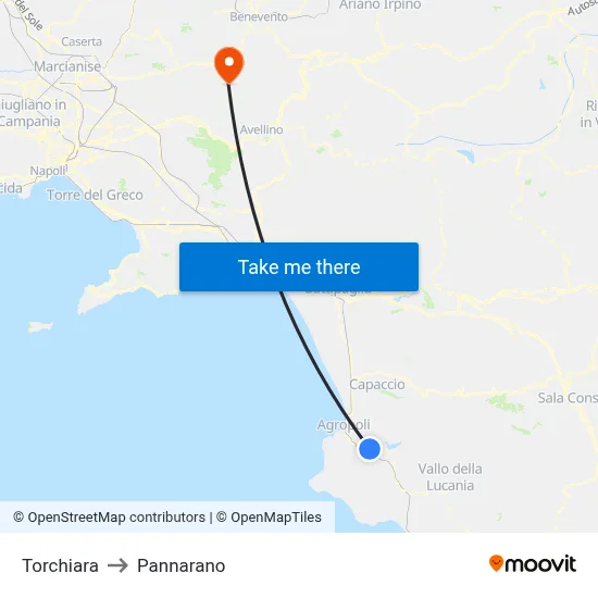 Torchiara to Pannarano map