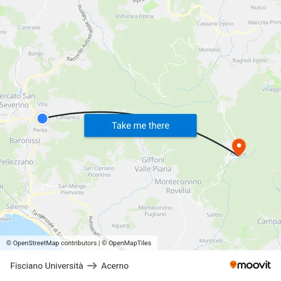 Fisciano University to Acerno map